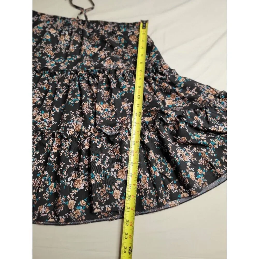 Boho cottage core floral country skirt flowers black gypsy medium women's clothi